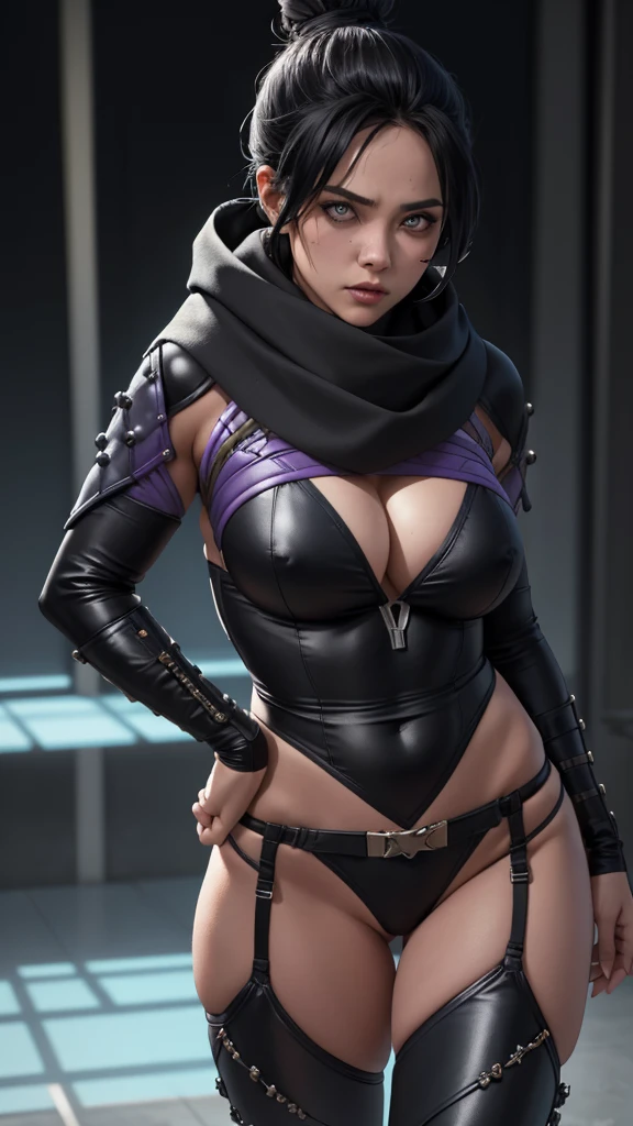 Foto de corpo inteiro, pose sexy, (Highly detailed CG Unity 8k wallpaper),(masterpiece), (highest quality), (super detailed), (Best Illustration),(best shadow), Wraith apex legends, pretty face focus, Masterpiece artwork, best qualityer, kissshotms, 1 girl, natta, Efeito de Luz, Masterpiece artwork, best qualityer, 1 girl, micro bikini, mature woman, breasts big, 8k, UHF, (abdomen, )muscular woman, Waist slender, detailedeyes, FGO1, 1stClothing, 1 girl, solo, hair bun simples, hair bun, scarf, sultry posing, Bblack hair, black scarf, blue colored eyes, bangss, bangss distributed, Hair behind the ear, mitts, piercing no nariz, mitts pretas