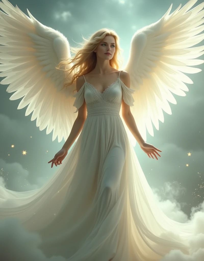 masterpiece, best quality, high quality, extremely detailed CG unit 8k wallpaper,high quality, highly detailed, Imagine a dreamlike scene with a beautifull female angel, she have Golden blonde hair and white longe wings. Longe silver dress and she have powerfull aura, she have Green eyes and gently aspect, Celestia. Full body portrait award-winning photography, Bokeh, depth of field, HDR, photorealistic, extremely detailed, trend on artstation, trend on CGsociety, Complex, High Detail, dramatic, art by midjourney