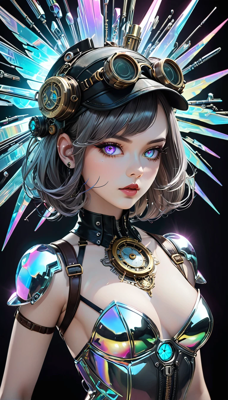 (cyberpunk, Clockpunk, Dieselpunk, Steampunk), work of art carved from pearl platinum crystal, background wide variety punks, cool beauty, glamorous proportions, (ultra detailed, absolutely resolution, best quality:1.3), 2.5D, delicate and dynamic effects, iridescent lighting effects, artistic photography, hyper realistic