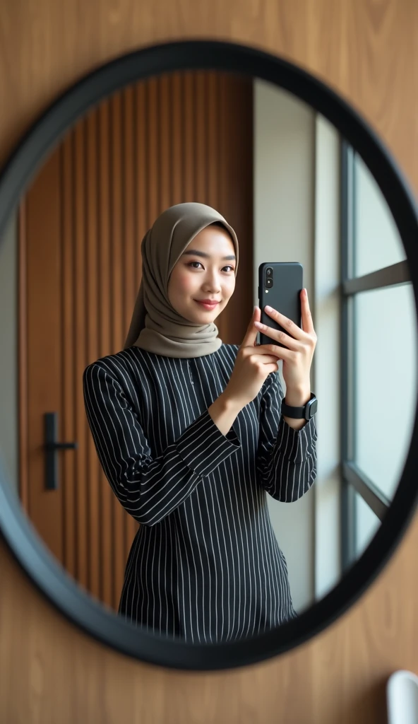 A young woman body perfect wearing a hijab and a black and white striped blouse taking a mirror selfie. She is standing in front of a round mirror with a black frame, holding her I phone with one hand while wearing a smart watch. The background shows a wooden door with vertical panels and a window with grid design. The setting has a modern and stylish vibe with a mix of textures, including the smooth black frame of the mirror, wooden surfaces, and a light-colored textured wall. The woman has a neutral expression, and the lighting is soft, creating a warm ambiance. Style Of vivid Photografy 8K Resolations