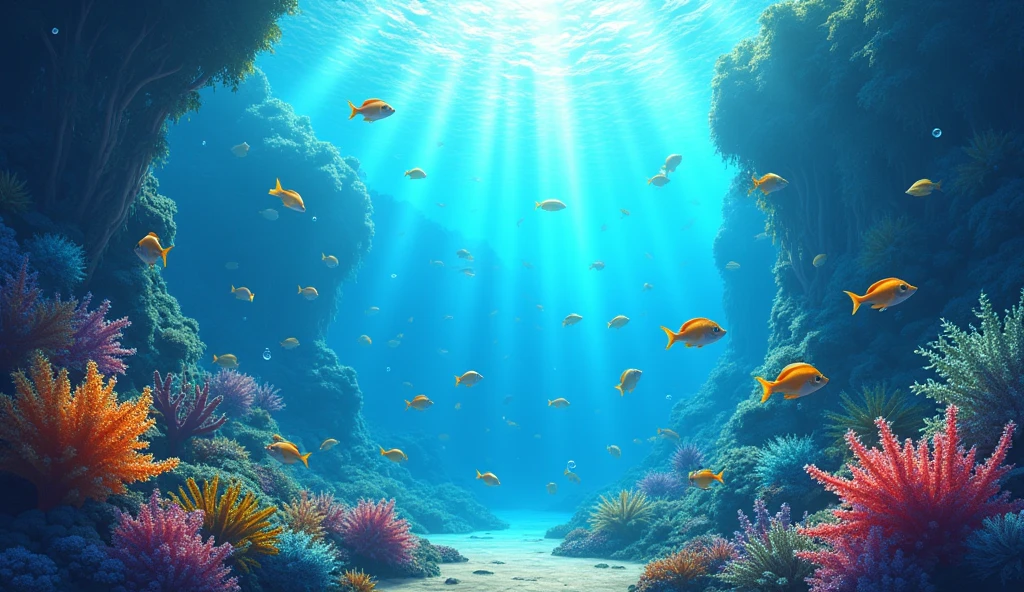 there is a very colorful Underwater scene with corals and seaweed, bubbly 蓝色Underwater scenery, Underwater scene, Close-up movie aquatic scene, Underwater scenery, Beautiful digital artwork, Underwater scenery, Cute 3d rendering, Fantasy seascape, seabed environment, Underwater background, 8k hd wallpaper illustration, seabed, A beautiful artistic illustration, 4k hd illustration wallpaper