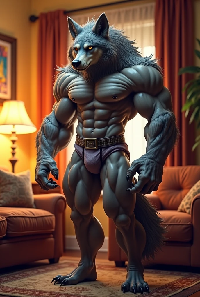 Anthropomorphic wolf, muscular, in underwear, in the living room, vibrant colors, big.