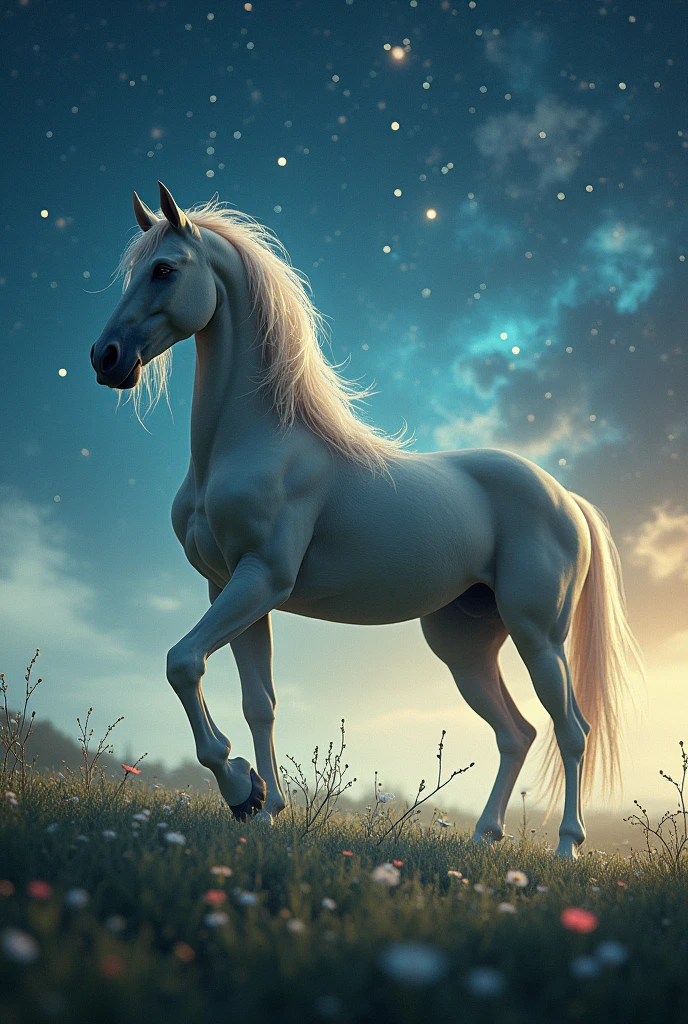 centaur, Half-human horse, fantasy story, muscular human upper body, horse lower body, in a vast meadow under a starry night sky, gentle mist and magical light, wearing mystical accessories, peaceful and otherworldly atmosphere, stars and shooting stars in the background