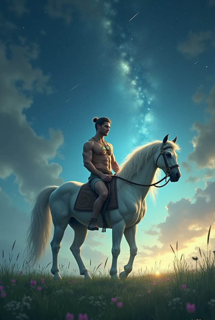 centaur, Half-human horse, fantasy story, muscular human upper body, horse lower body, in a vast meadow under a starry night sky, gentle mist and magical light, wearing mystical accessories, peaceful and otherworldly atmosphere, stars and shooting stars in the background