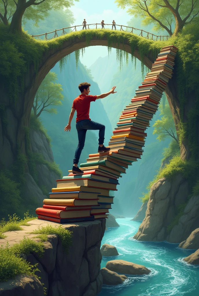 The human reaching for the bridge and he make a stepping stone of books