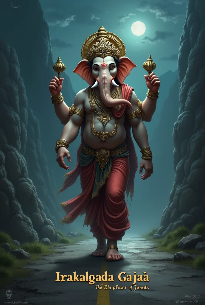 lord Ganesh walking in road at night add text IRAKALGADA GAJAA text