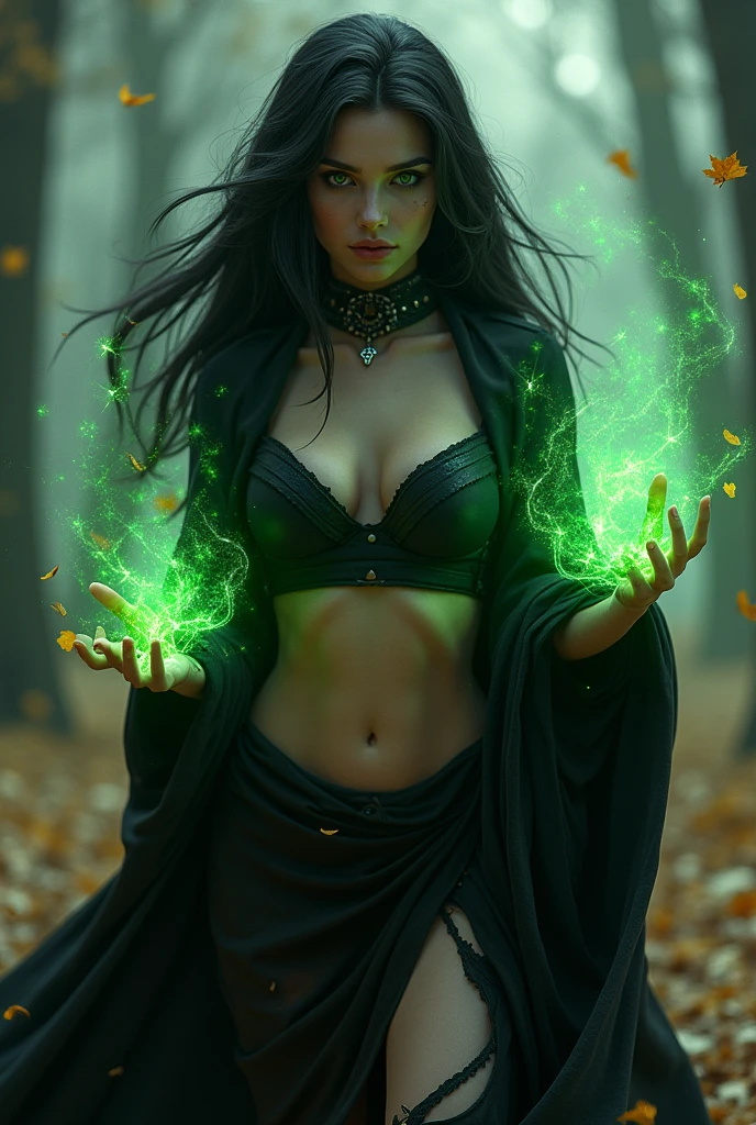 Shadowheart, the Caucasian half elf from baldur's gate 3, best quality, ultra-detailed CG unity 8k wallpaper, floating, high resolution, dynamic pose, beautiful face, (green eyes:1.2, black hair:1.3, black cloth top, black open skirt, black cloak, cleavage, bare midriff), depth of field, white forest, golden leaves, magic light), casting black and dark green magic with her hands, glowing eyes, night time