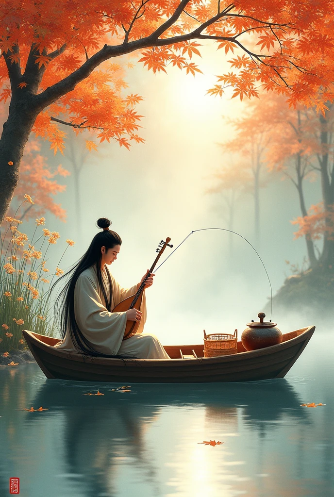 Autumn, maple leaves, reed flowers, ancient costume man, black long hair, small boat, fishing, fish basket, wine pot, guqin, Chinese pointillism ink painting