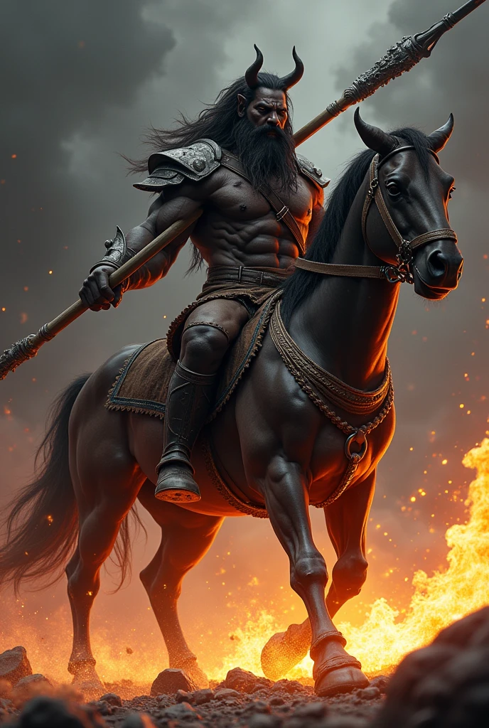 a Centaur, black, Dreadlocks, Toned Muscles, Hold a long spear with both hands, Grim face, expensive, full house, Cool silhouette, superhuman power, Strong Will, Impact with flame spark, shock wave, dark background,