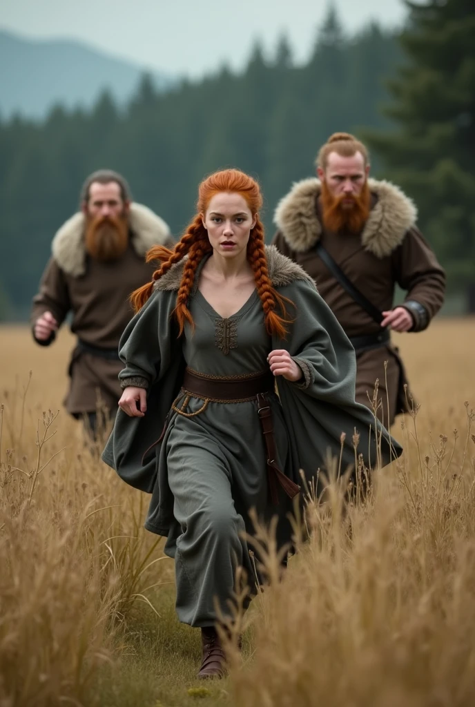  uma jovem de 20 anos, peasant, natural red hair with viking hairstyle, wearing Sansa Stark style clothes Realistic image, 8k She is running away from a 2 Ragnar Lodbrok style Viking, tall light brown hair. scruffy beard,  
They are in the field in the woods