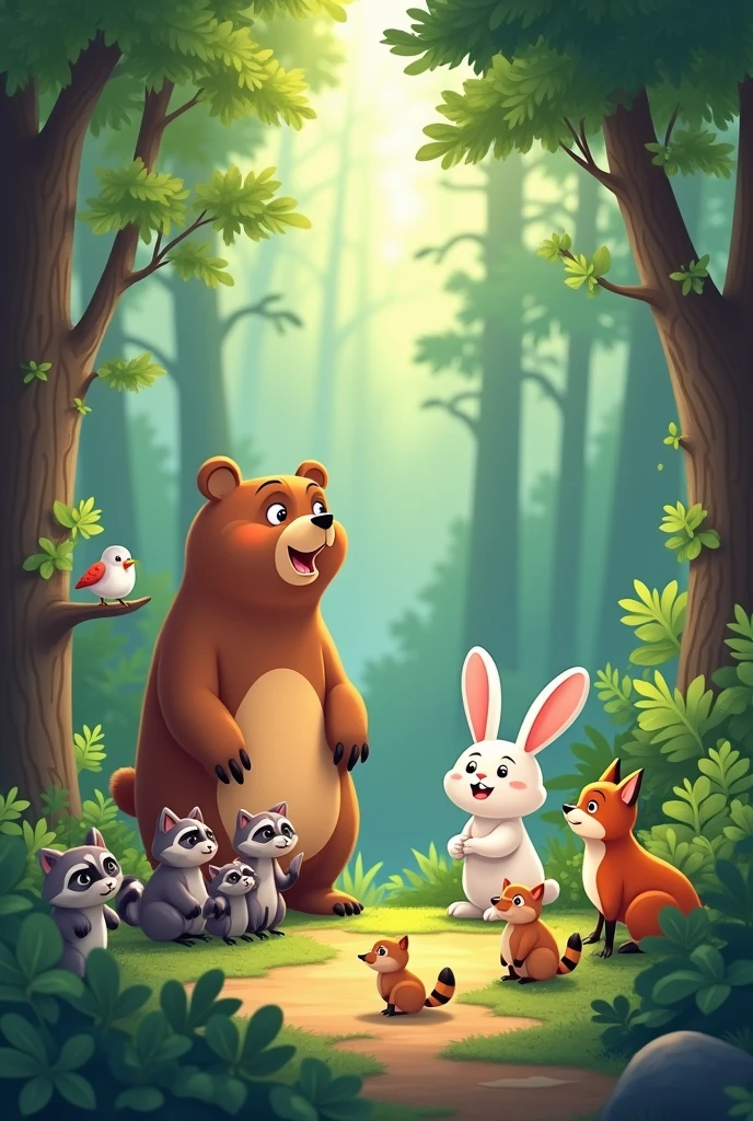 Create a cartoon where there is a brown bear, a white rabbit, four little birds, a little fox, and 4 raccoons in a forest