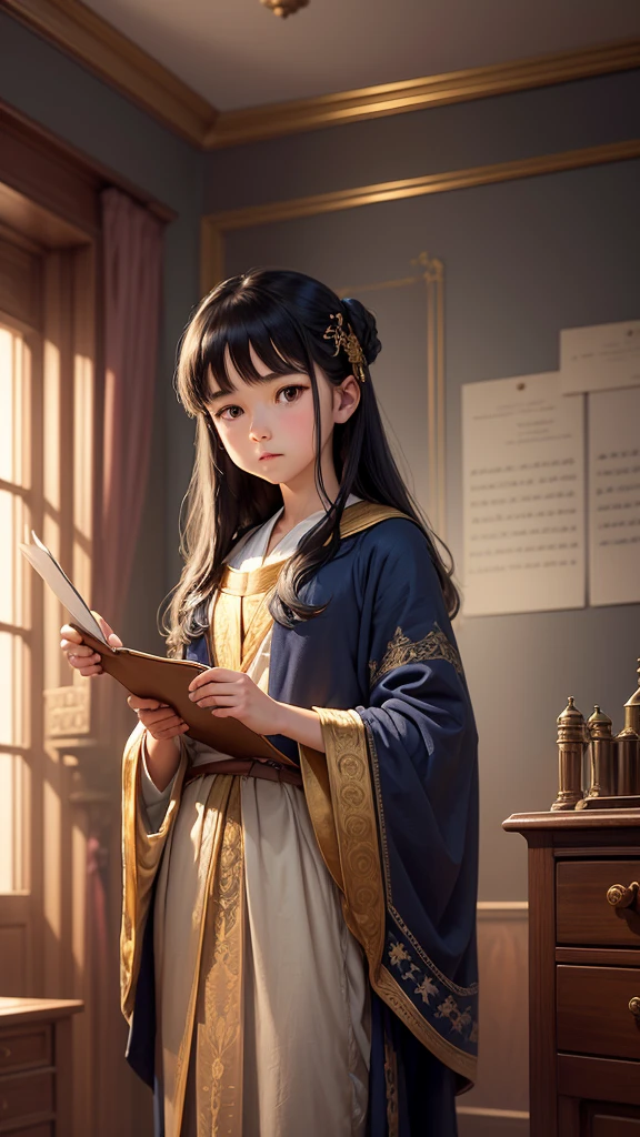 Drawing of the highest quality, extremely clear, the highest level of detail, Maximum attention to detail,
slender young girl, black hair, half-turn, in a blue robe, embroidered with golden stars, stands in front of an old carved mahogany bureau, and make notes in old scrolls, behind him is an old telescope on a tripod, decorated with bronze., On the walls of the room made of rough grey stone are old engravings depicting constellations..
