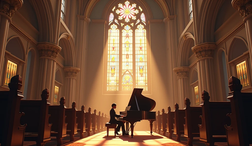 Worship piano in a grand church, beautifully detailed, soft warm lighting, intricate stained glass windows, serene atmosphere, cinematic composition, digital painting, 4k resolution, inspired by Greg Rutkowski and Thomas Kinkade.