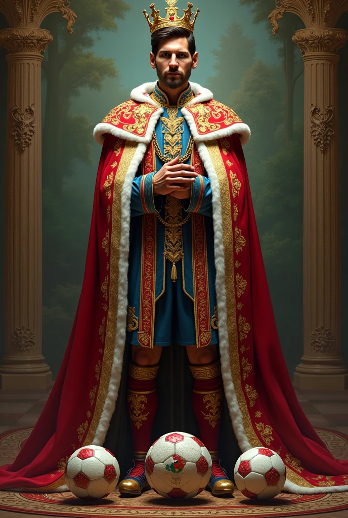 Messi as a king. He is surrounding by many football