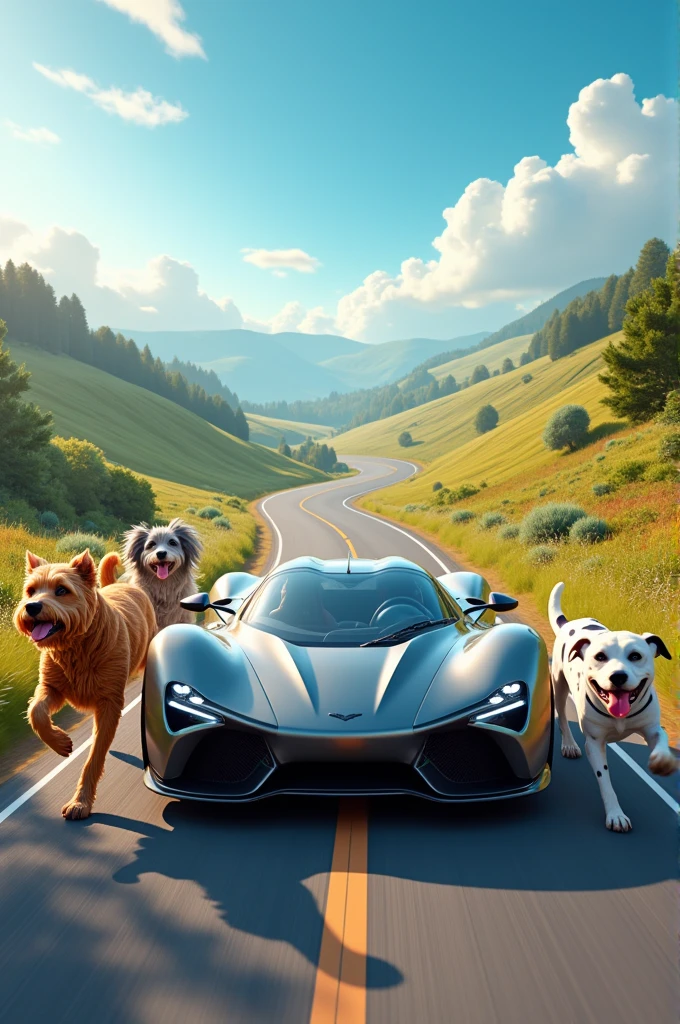 Car on a road with three dogs on the sides