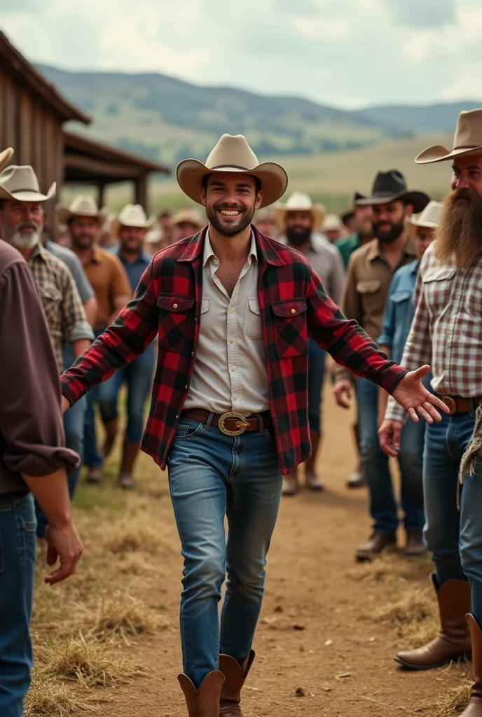 A young, attractive, charming, handsome gay man is welcomed at a cowboy party on the farm with many handsome men around him, the others look at him, all in love with him, one extends his arms to welcome him.