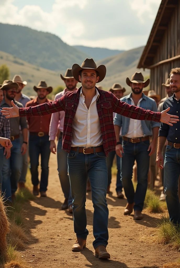 A young, attractive, charming, handsome gay man is welcomed at a cowboy party on the farm with many handsome men around him, the others look at him, all in love with him, one extends his arms to welcome him.