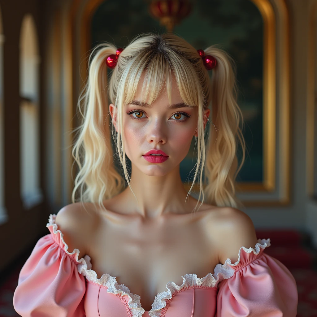 masterpiece、high resolution、8k、Delicate depiction、(((Realistic)))、Realistic、(((photograph)))、(((real woman)))、young、22years old、White、Blonde Hair、long hair、Twin tails、bangs、(((one eye on forehead under bangs)))、Brown eyes、Pink lipstick、sneer,Pink open chest dress、White fabric on the chest、A fluttering red ornament on the collar、Bust Shot、Inside the castle