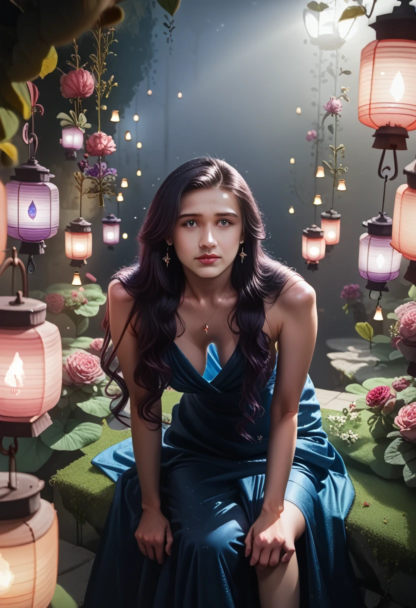 score_9, score_8_up, score_7_up,((Beautiful girl sitting under the moonlight in a beautiful garden lit by hanging lanterns:1.5)), dreamy expression, long flowing hair, elegant dress, moonlit garden, bright moonlight, dramatic lighting, cinematic atmosphere, detailed portrait, photorealistic, 8k, highest quality, intricate details, hyper-realistic, natural skin tones, masterpiece