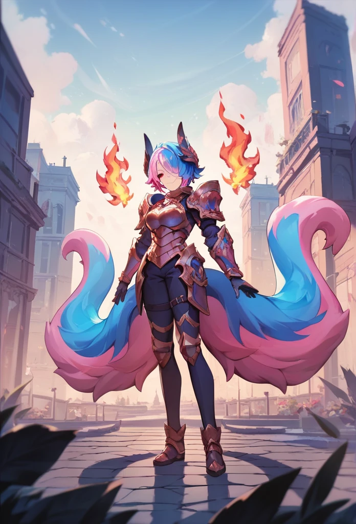 best quality, 4K, masterpiece, Extremely detailed, High Detail, 1 Girl, Solitary, Perry, Blue Hair, Hair covering one eye, Colorful hair, Double tail, Pink Hair, Red Eyes, Two-tone hair, armor, Smile, Burning city background