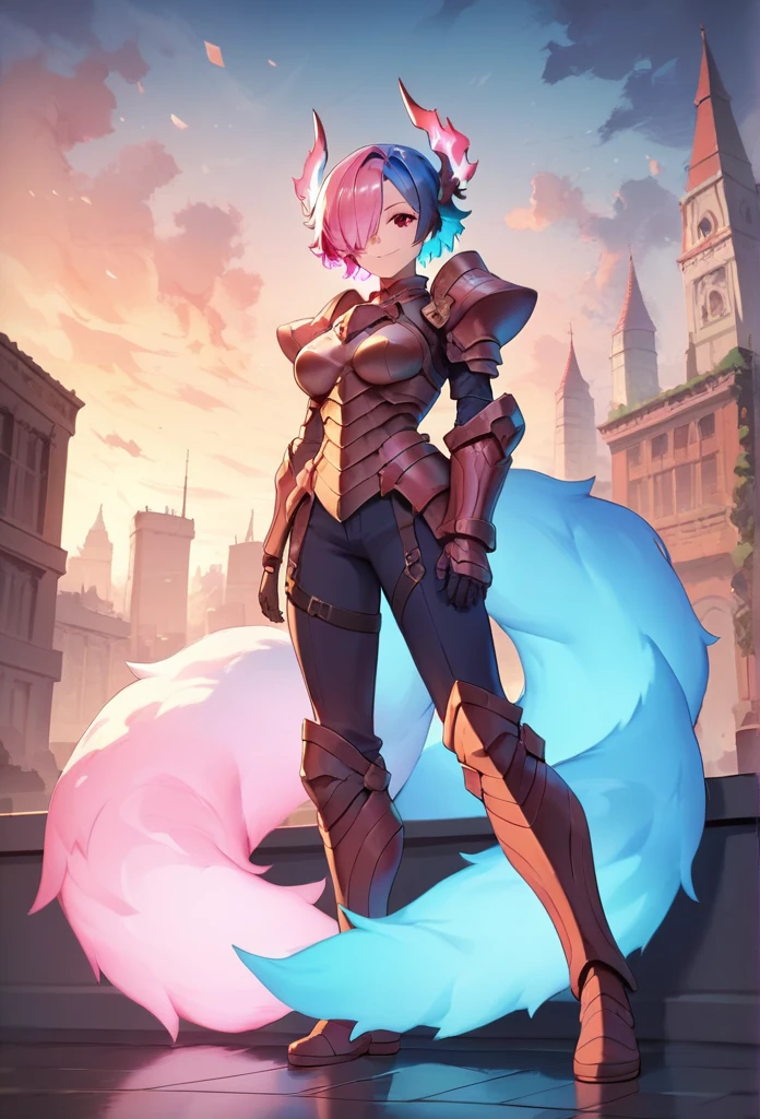 best quality, 4K, masterpiece, Extremely detailed, High Detail, 1 Girl, Solitary, Perry, Blue Hair, Hair covering one eye, Colorful hair, Double tail, Pink Hair, Red Eyes, Two-tone hair, armor, Smile, Burning city background