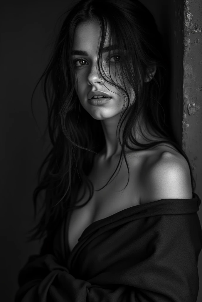 Image noir et blanc, Young gypsy woman from the east, du voyage, in the form, vetement moulée rouge mate, good chest. disheveled