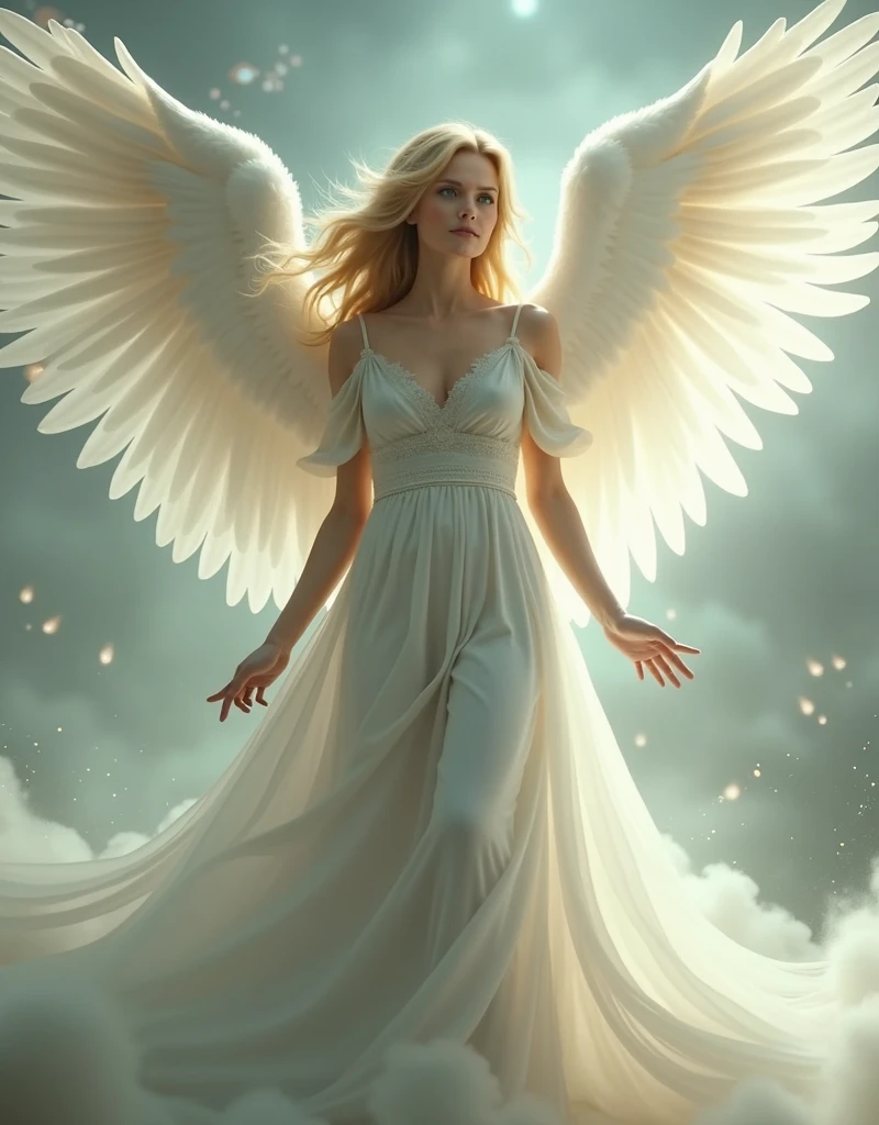 masterpiece, best quality, high quality, extremely detailed CG unit 8k wallpaper,high quality, highly detailed, Imagine a dreamlike scene with a beautifull female angel, she have Golden blonde hair and white longe wings. Longe silver dress and she have powerfull aura, she have Green eyes and gently aspect, Celestia. Full body portrait   award-winning photography, Bokeh, depth of field, HDR, photorealistic, extremely detailed, trend on artstation, trend on CGsociety, Complex, High Detail, dramatic, art by midjourney