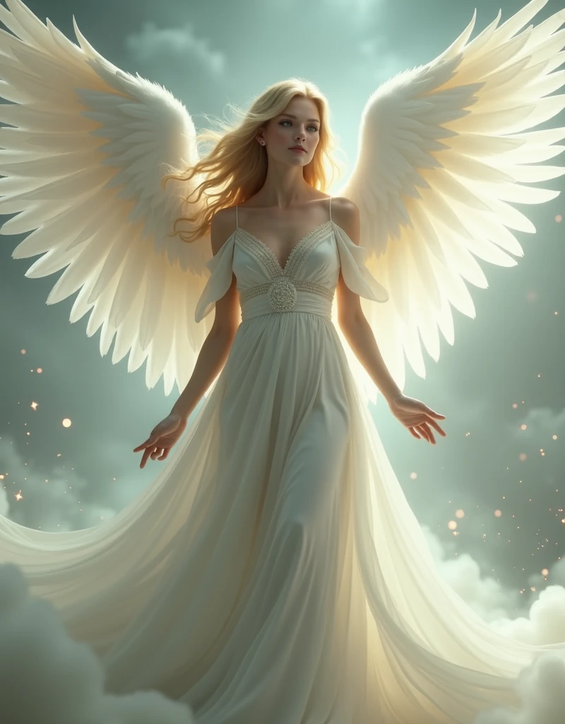 masterpiece, best quality, high quality, extremely detailed CG unit 8k wallpaper,high quality, highly detailed, Imagine a dreamlike scene with a beautifull female angel, she have Golden blonde hair and white longe wings. Longe silver dress and she have powerfull aura, she have Green eyes and gently aspect, Celestia. Full body portrait award-winning photography, Bokeh, depth of field, HDR, photorealistic, extremely detailed, trend on artstation, trend on CGsociety, Complex, High Detail, dramatic, art by midjourney