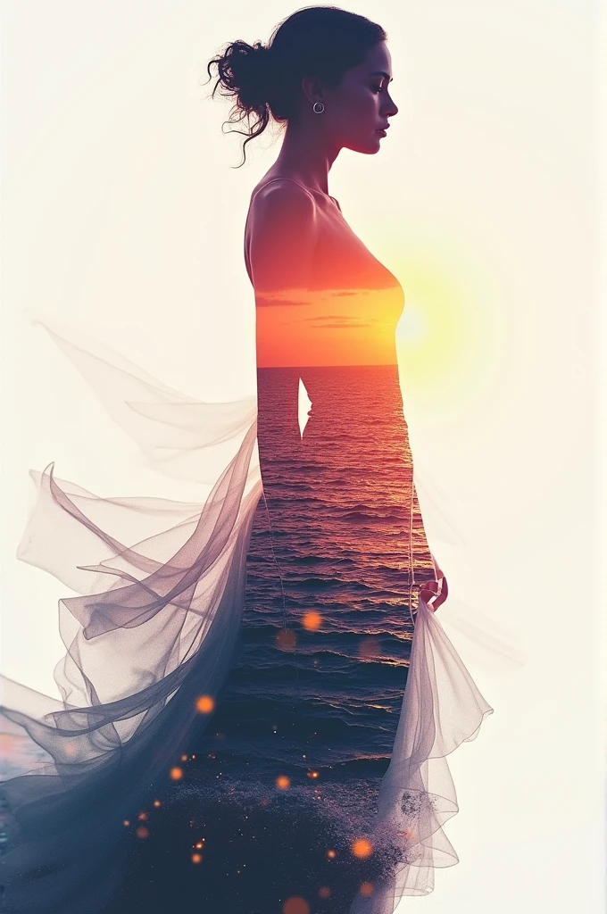 high quality, 8K Ultra HD, A beautiful double exposure that combines an goddess silhouette with sunset coast, sunset coast should serve as the underlying backdrop, with its details incorporated into the goddess , crisp lines, The background is monochrome, sharp focus, double exposure, by yukisakura, awesome full color,