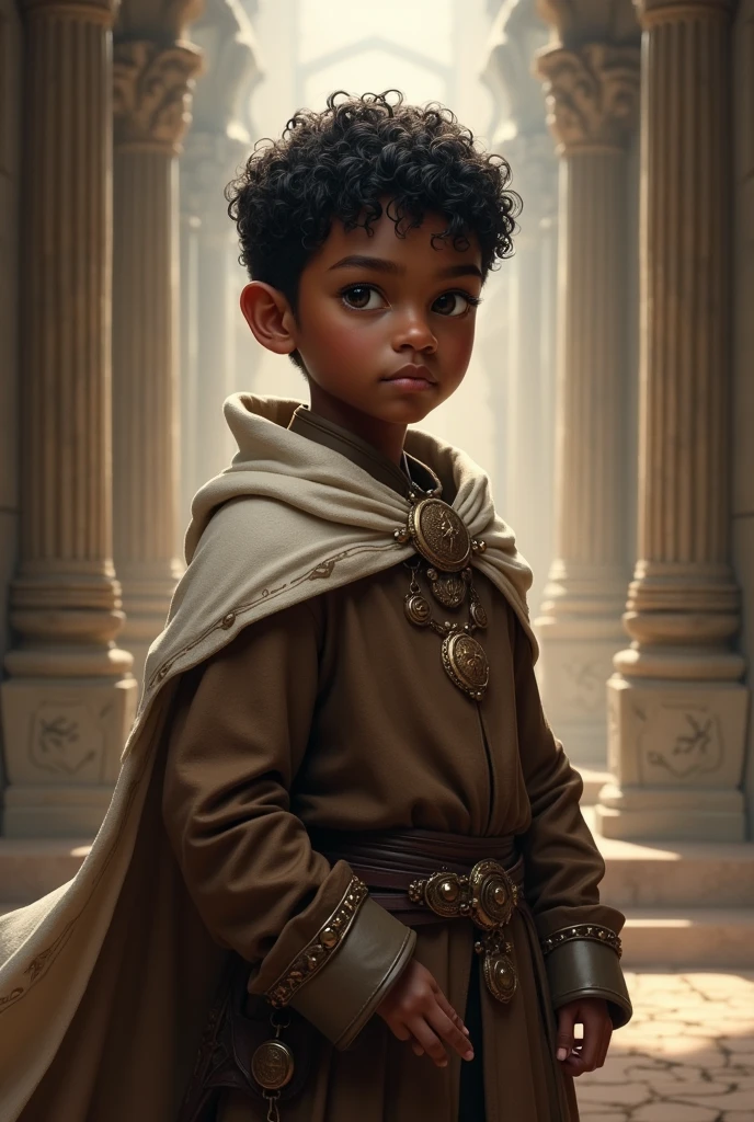 A young boy named Jim Galarck, com cabelo preto e curto, black skin and wearing a long brown cape with white medieval robes, his dark eyes and on his face an expression of confidence.