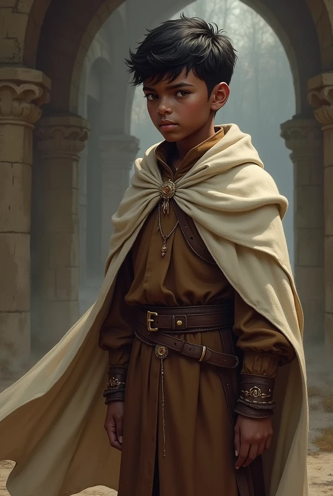 A young boy named Jim Galarck, com cabelo preto e curto, black skin and wearing a long brown cape with white medieval robes, his dark eyes and on his face an expression of confidence.