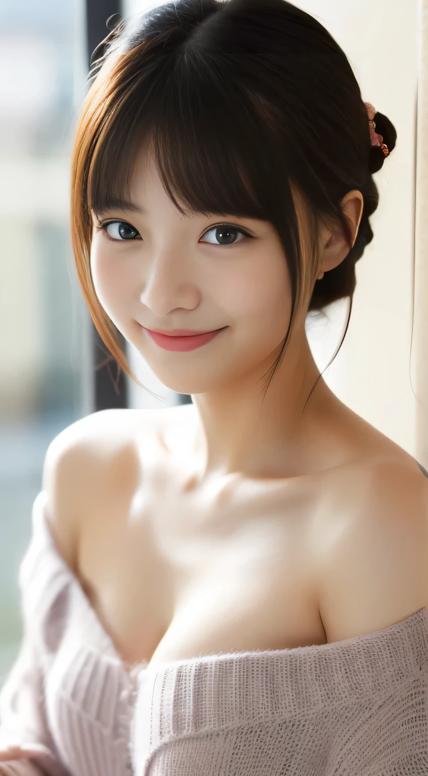masterpiece,best quality,(Japanese girl),((Beautiful girl)),cleavage,(off shoulder:1.2),(perfect body beauty:1.2),(shy smile),From slightly above
