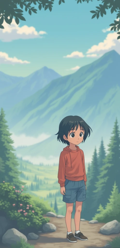 Draw this person as an anime character in the style of Hayao Miyazaki.  With a back ground in anime style of mountains of the Pacific Northwest.  