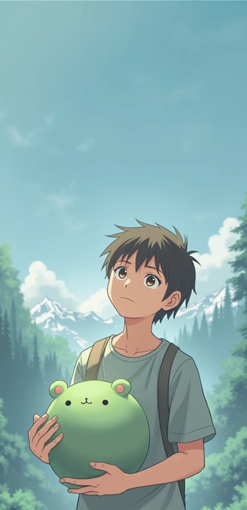 Draw this person as an anime character in the style of Hayao Miyazaki. With a back ground in anime style of mountains of the Pacific Northwest.