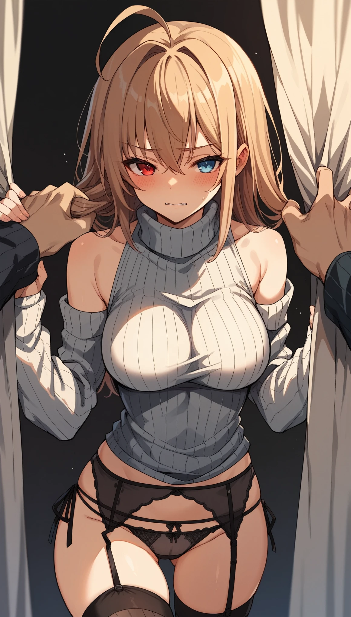 (score_9,score_8,score_7_up,score_6_up)sinozick style，flat color, dark theme  
1girl ahoge artist_name averting_eyes bare_shoulders blue_eyes blush breasts brown_hair curtain_grab curtains detached_sleeves embarrassed facial_mark garter_belt heterochromia long_hair medium_breasts meme_attire panties pov pov_hands red_eyes ribbed_sleeves ribbed_sweater ribbed_thighhighs side-tie_panties sweater turtleneck turtleneck_sweater two_side_up underwear virgin_destroyer_sweater zettai_ryouiki