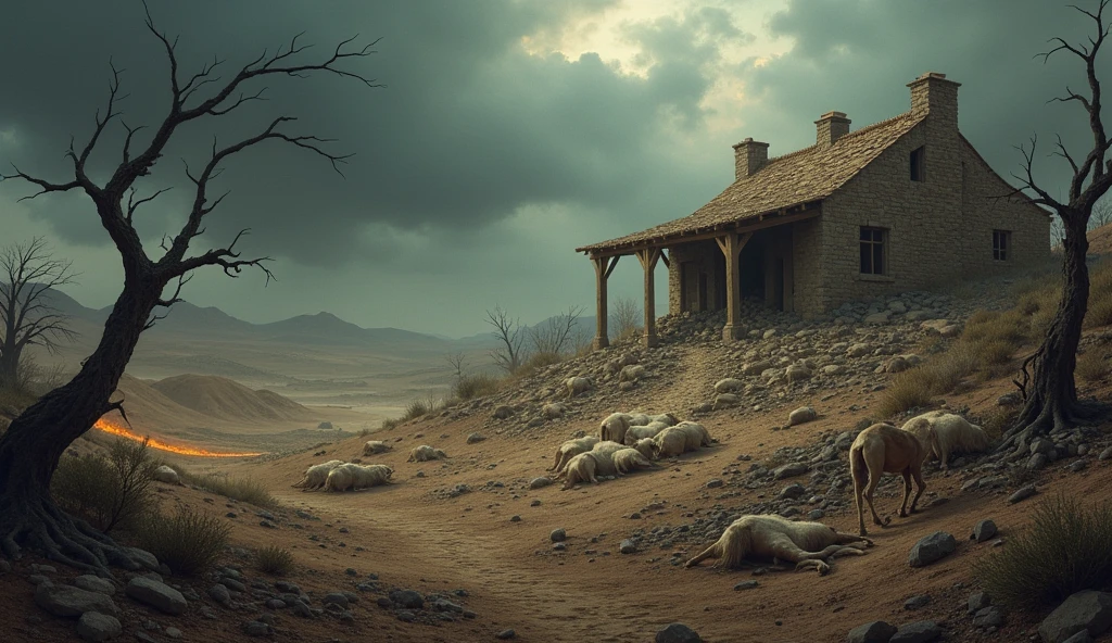 "Create an image of a desolate and bleak landscape, with arid, rocky terrain under a dark, cloudy sky. On the scene, include dry and twisted trees, with the ground cracked and dry. Ao fundo, show a destroyed house with debris scattered around, symbolizing the death of Job's children. In different parts of the scene, represent the other tragedies: flocks of dead sheep and camels, some scattered on the floor, and fallen servants. Add a trail of fire that suggests the destruction of the livestock and strong winds that symbolize the strength of the storm that caused the destruction of the house. The setting should convey the magnitude of the losses and Job's deep suffering.."