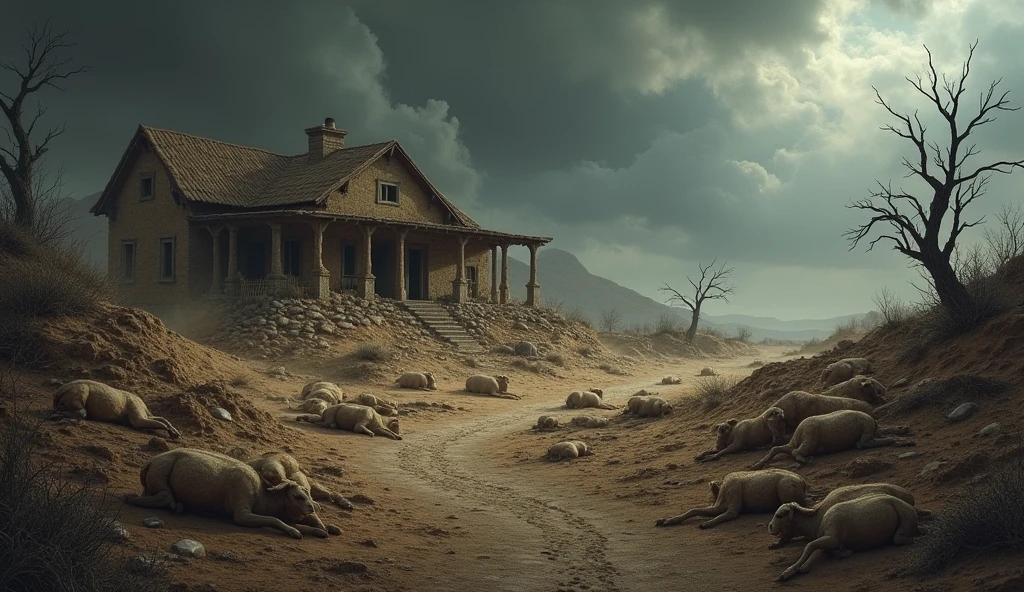 "Create an image of a desolate and bleak landscape, with arid, rocky terrain under a dark, cloudy sky. On the scene, include dry and twisted trees, with the ground cracked and dry. Ao fundo, show a destroyed house with debris scattered around, symbolizing the death of Job's children. In different parts of the scene, represent the other tragedies: flocks of dead sheep and camels, some scattered on the floor, and fallen servants. Add a trail of fire that suggests the destruction of the livestock and strong winds that symbolize the strength of the storm that caused the destruction of the house. The setting should convey the magnitude of the losses and Job's deep suffering.."