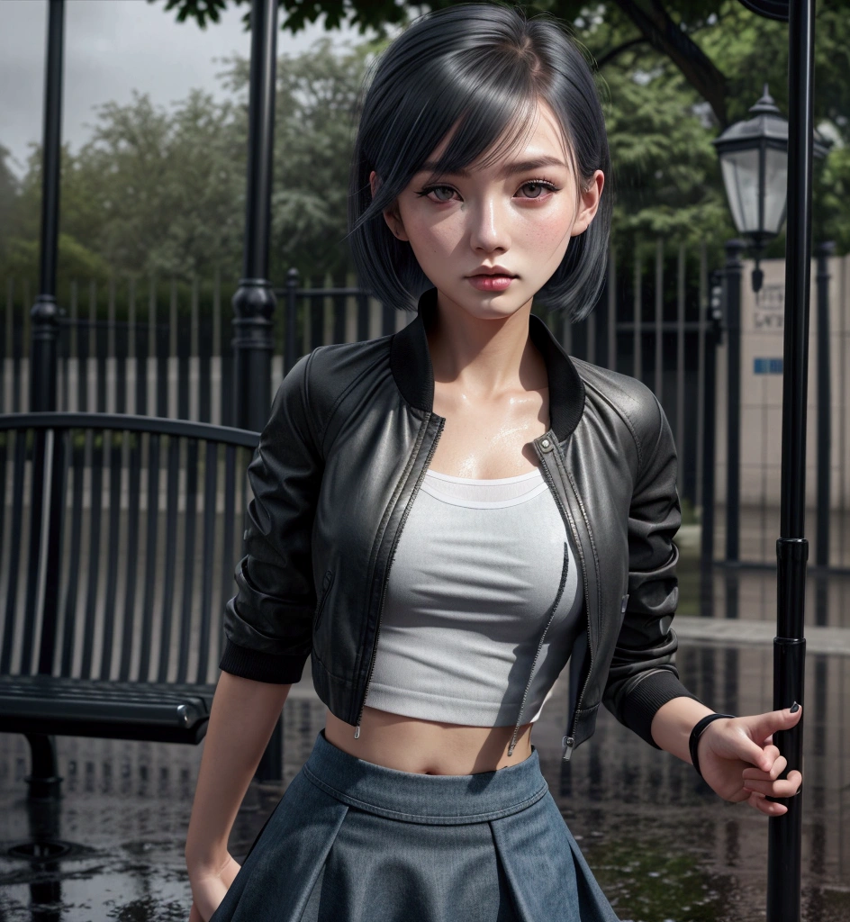 Young woman dancing in the rain, happy face, street in front of the park, streetlight, bench, black crop top, black short school skirt, black full stockings, black school shoes, Gray denim cropped jacket open front, white umbrella, reflecting puddle. cloudy day without rain, illuminated sky, ((Whole body)) ((4k)) ((motion))