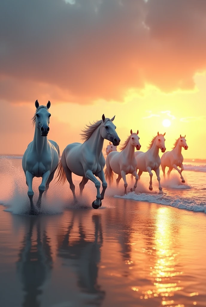 7 White horse running on beach sun raising on back