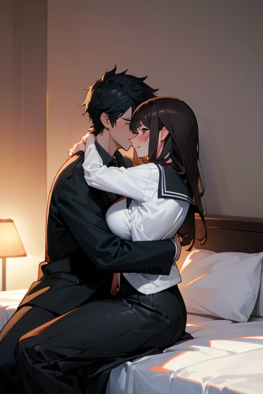 1 girl, 1 boy, (background on bed in bedroom), dark hair, hetero, sitting, man hugging woman, hug from behind, girl blushing, girl in trouble,girl undress shirt, man evil smiling, girl embarrassed, gairl flustered, (girl sweat), girl in serafuku, man in black suit and white shirt, cool guy, sexy guy, pretty girl, girl have large breasts, 160cm woman, 185cm man, (1 boy and girl), {sunset}, looking away,high quality, high resolution, masterpiece
