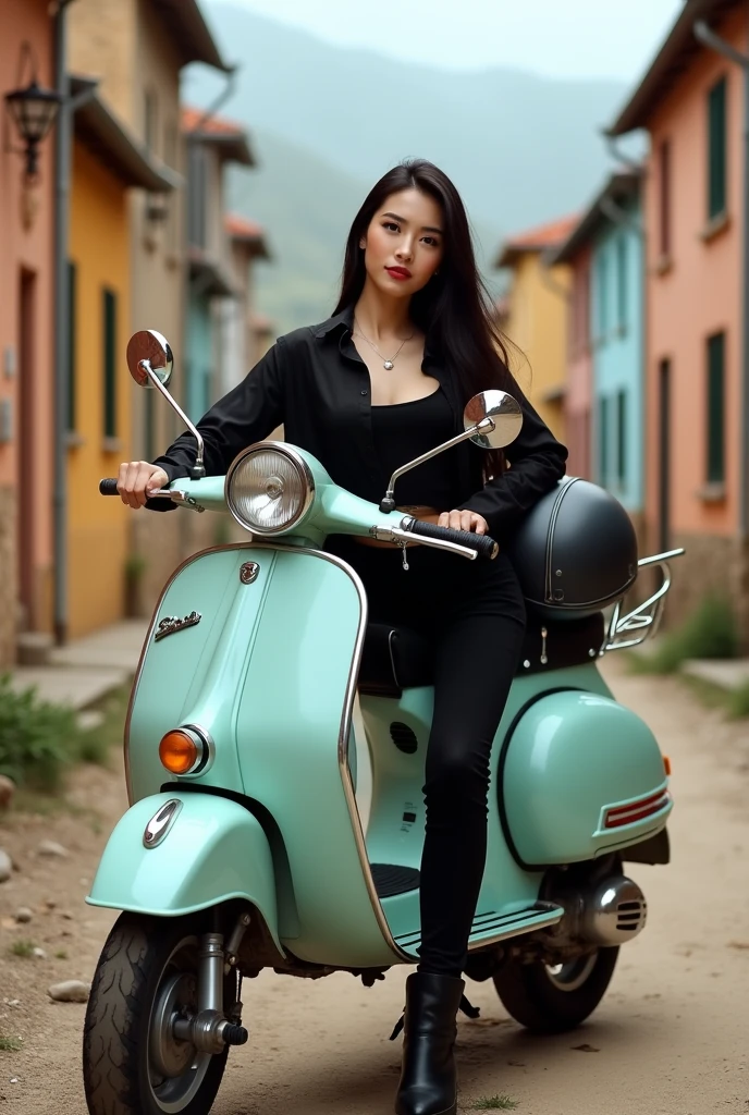 (solo, full body photo:1.3),A curvy Asian woman, seen to have sensual lips, long black hair, wearing a black silk shirt with one button open, wearing a black tank top, black pants, black boots, standing holding a classic helmet, standing in front of a white Vespa scooter, with a colorful stone-built housing complex in the background, a cloudy rocky dirt road