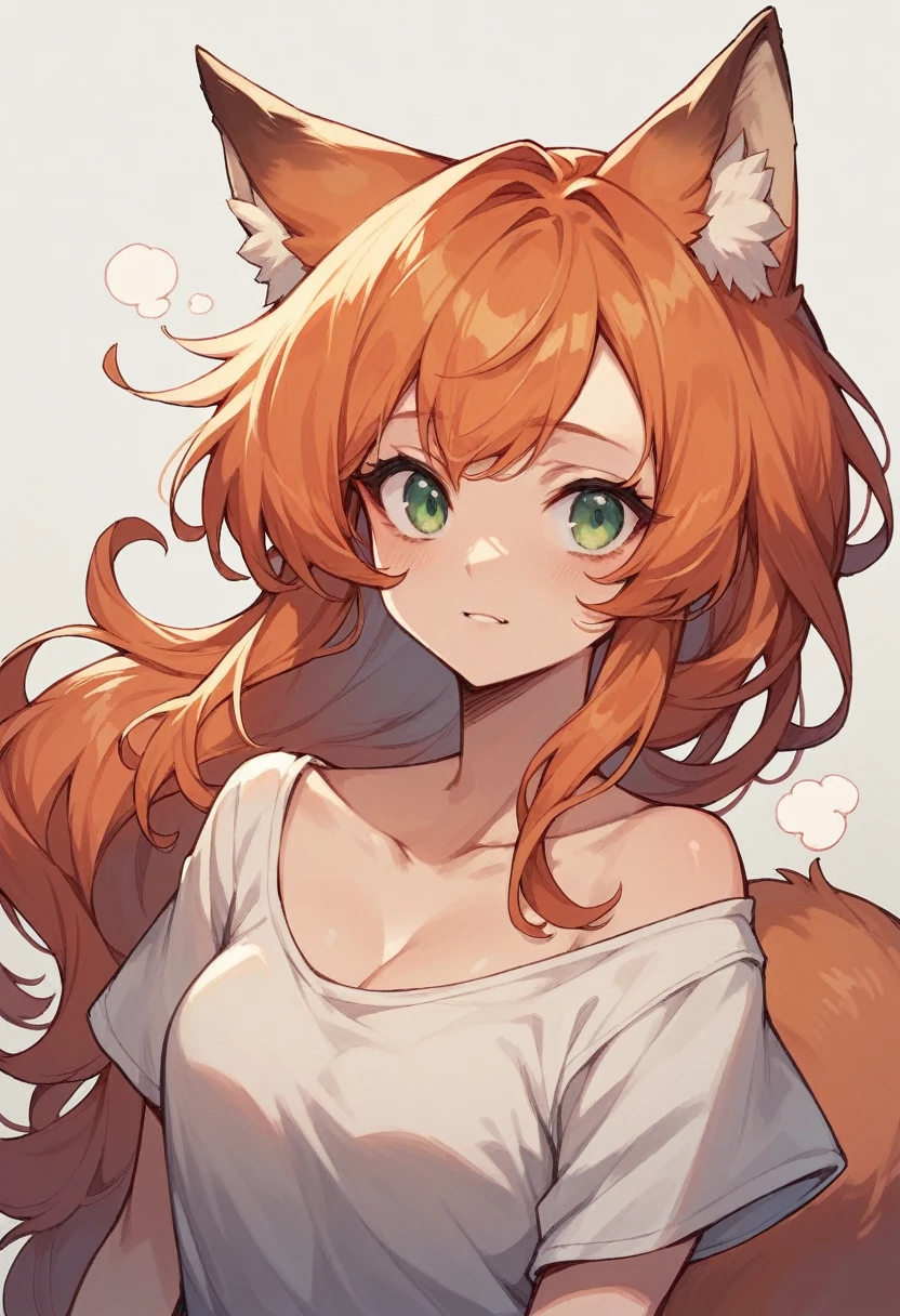 appropriate  hot anime girl with long wavy, ginger haired girl with light green eyes and fox ears and tail .....
