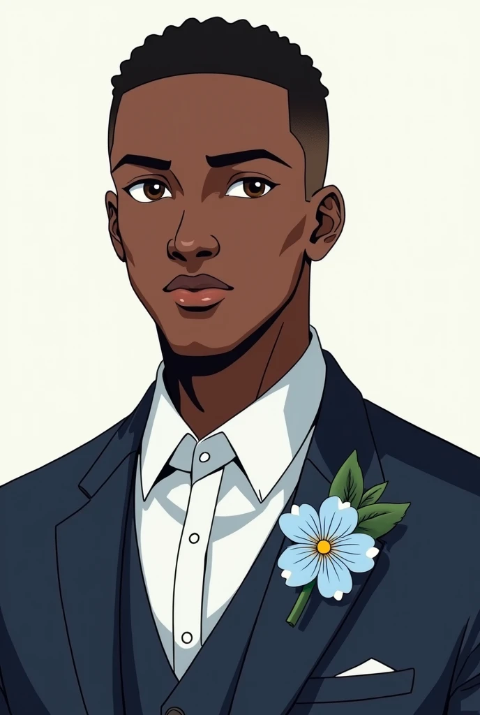 Style manga, homme noir noir de 26 ans, costume 3 pieces bleu foncé boutonniere fleur bleue claire et blanche. Cheveux crepus courts et rases sur les côtés. chemise blanche. Yeux marrons foncés, il sourit un peu timide mais charmeur. Lèvres fines, nez épaté
