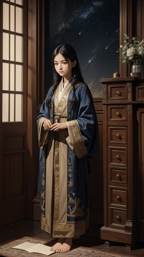 Drawing of the highest quality, extremely clear, the highest level of detail, Maximum attention to detail,
slender young girl, black hair, half-turn, in a blue robe, embroidered with golden stars, stands in front of an old carved mahogany bureau, and make notes in old scrolls, behind him is an old telescope on a tripod, decorated with bronze., On the walls of the room made of rough grey stone are old engravings depicting constellations..