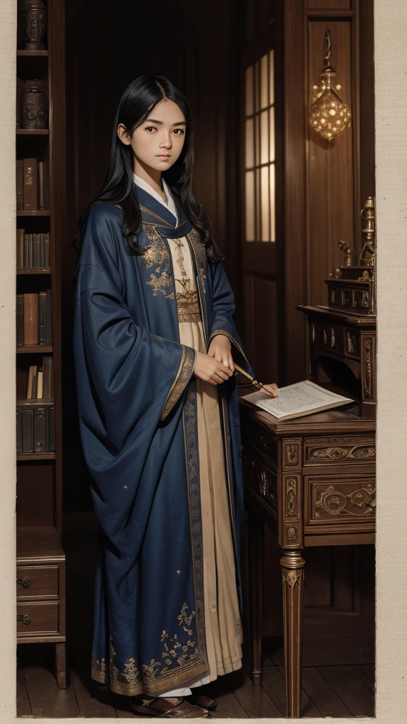 Drawing of the highest quality, extremely clear, the highest level of detail, Maximum attention to detail, 
 slender young girl, black hair, half-turn, in a blue robe, embroidered with golden stars, stands in front of an old carved mahogany bureau, and make notes in old scrolls, behind him is an old telescope on a tripod, decorated with bronze., On the walls of the room made of rough grey stone are old engravings depicting constellations..