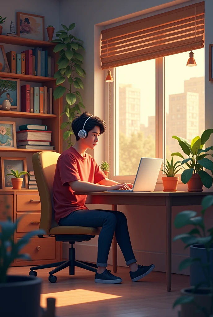 "Create an image featuring a
character sitting at a desk with
headphones on, in a cozy room
with warm lighting. The room
should have elements such as
books, decorations, and a
window showing either a
cityscape or nature.
The atmosphere should be calm
and inviting, suitable for
studying or relaxing. Include
soft shadows to enhance the
warmth of the scene."
And aime boy