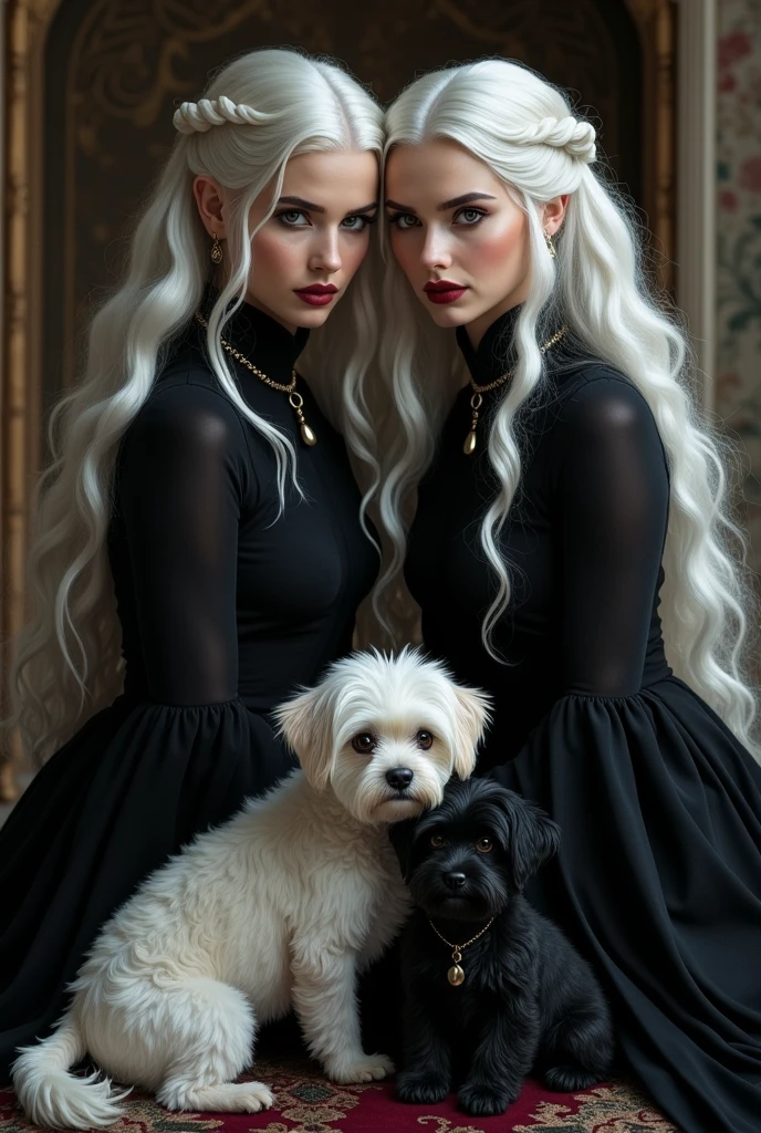 Two lesbian Targerian women in black clothes and two little dogs, one small white, small in size, and the other a small black Snauzer dog
