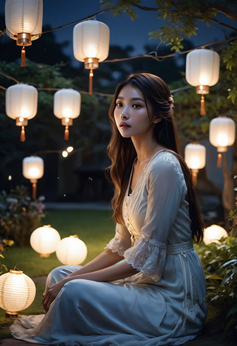 score_9, score_8_up, score_7_up,((Beautiful girl sitting under the moonlight in a beautiful garden lit by hanging lanterns:1.5)), dreamy expression, long flowing hair, elegant dress, moonlit garden, bright moonlight, dramatic lighting, cinematic atmosphere, detailed portrait, photorealistic, 8k, highest quality, intricate details, hyper-realistic, natural skin tones, masterpiece
