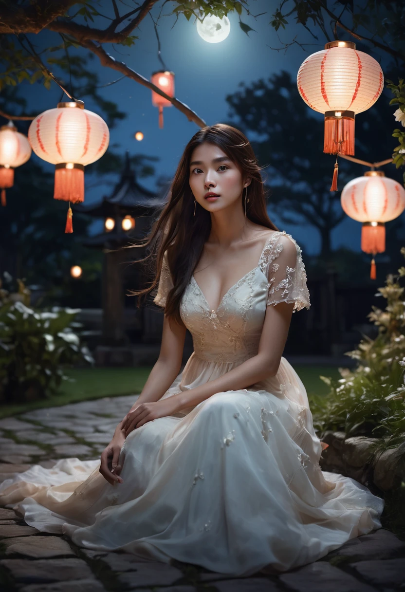 score_9, score_8_up, score_7_up,((Beautiful girl sitting under the moonlight in a beautiful garden lit by hanging lanterns:1.5)), dreamy expression, long flowing hair, elegant dress, moonlit garden, bright moonlight, dramatic lighting, cinematic atmosphere, detailed portrait, photorealistic, 8k, highest quality, intricate details, hyper-realistic, natural skin tones, masterpiece