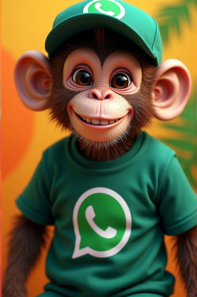 Create a profile picture of a monkey with a WhatsApp shirt and a WhatsApp cap, add an eye-catching background